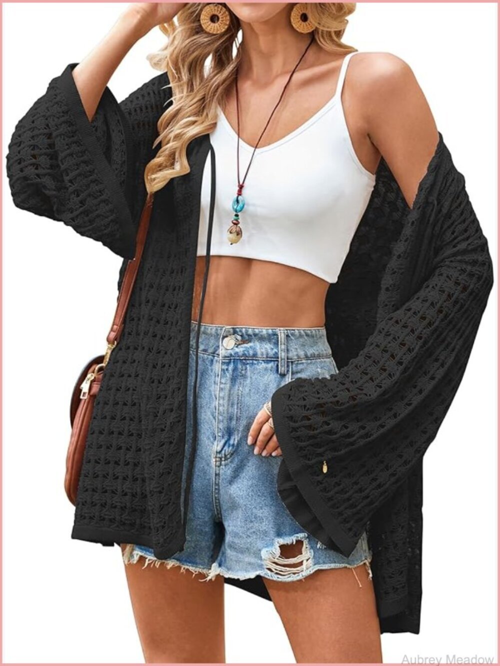 Crochet Cardigan Sweater Lightweight Knitted Batwing Sleeve Hollow Out Tie